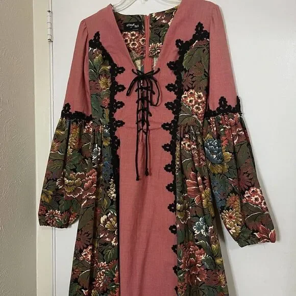 Gunne Sax Rare Vintage 1969 black label renaissance Tapestry Floral red dress - Picture 4 of 10